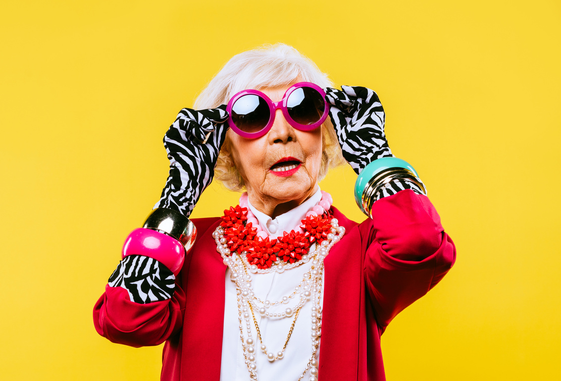 Cool and Stylish Senior Old Woman with Fashionable Clothes